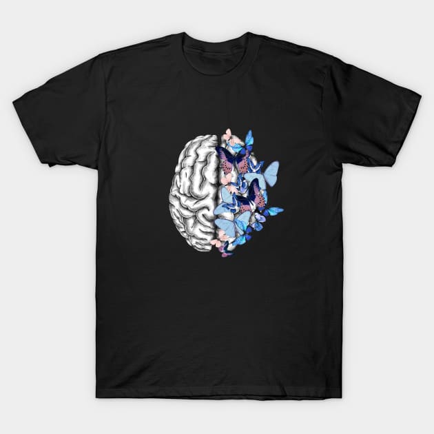 Brain blue butterflies, Mental Health T-Shirt by Collagedream